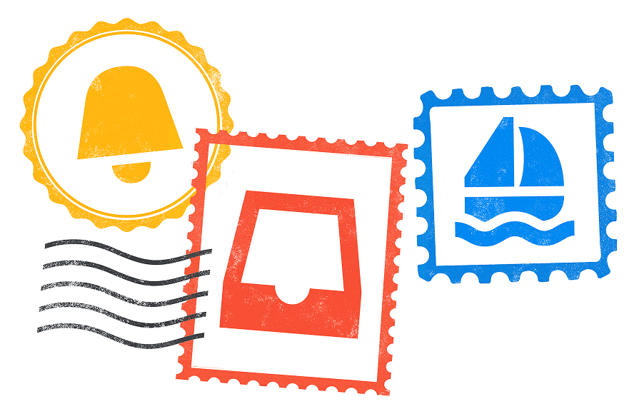 Illustration mit drei Briefmarken