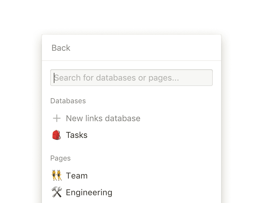 Screenshot eines Popup-Menüs, das ein Suchfeld in einer Notion-Datenbank zeigt