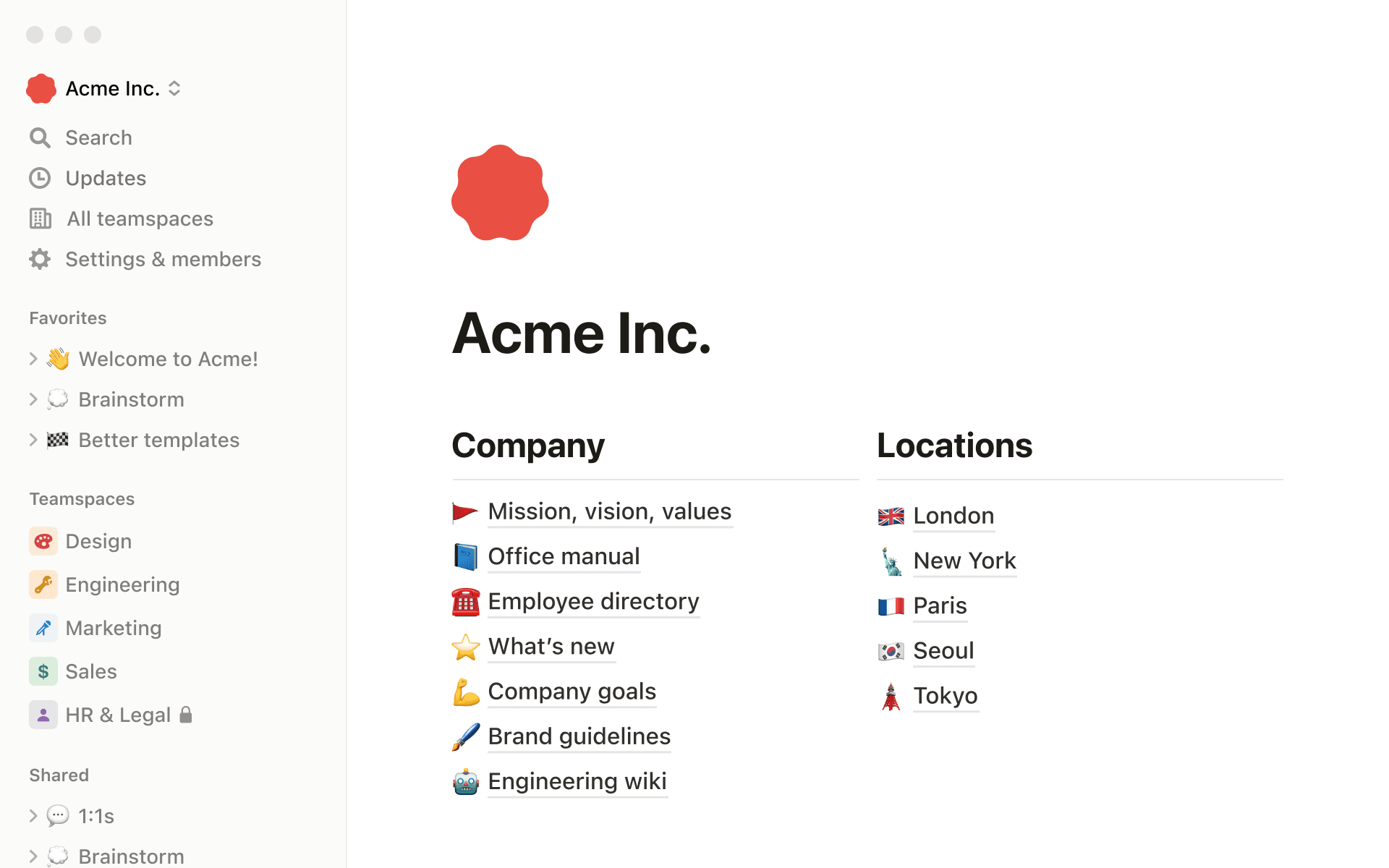 Screenshot eines Notion-Workspace mit Unternehmens-Startseite