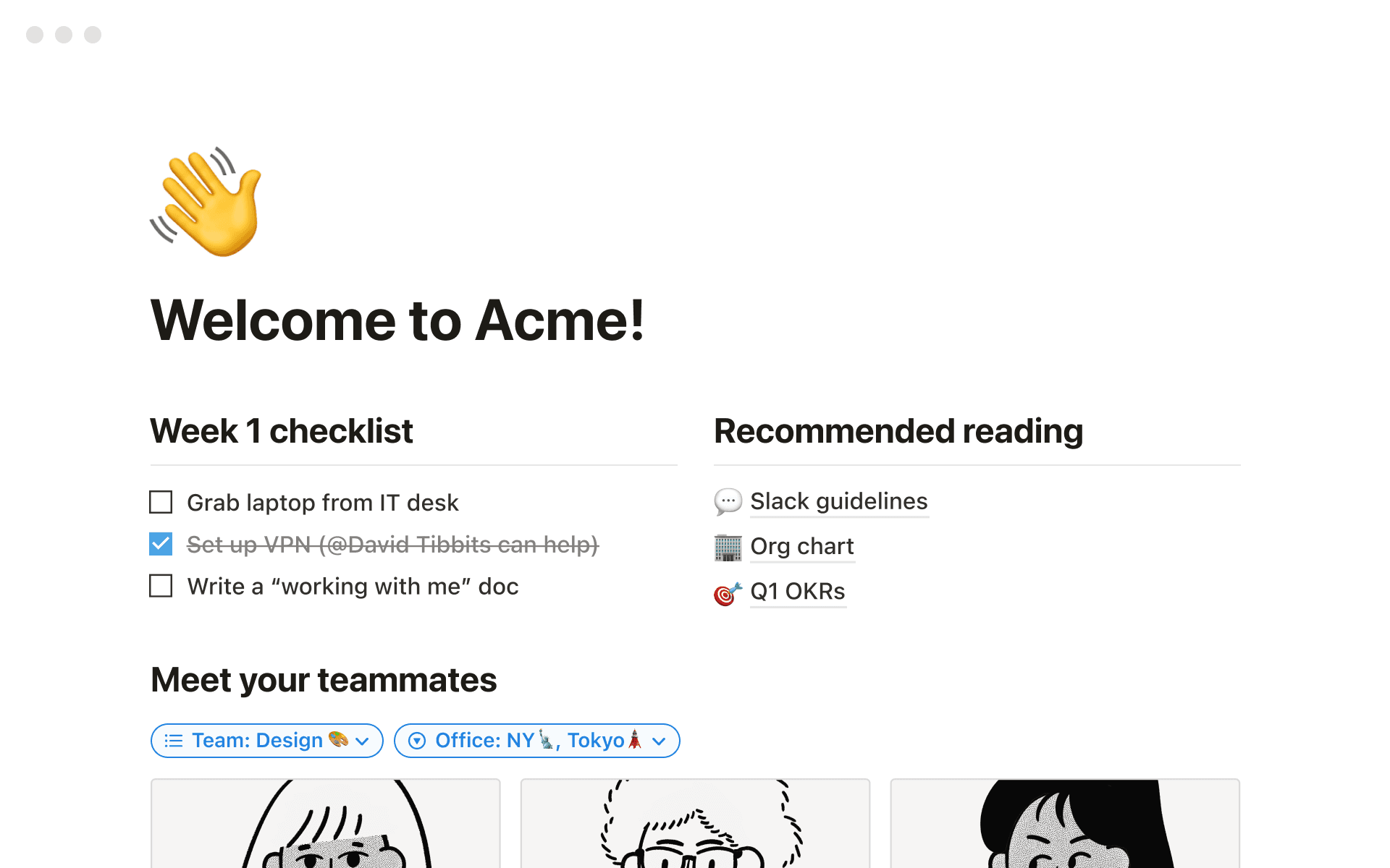 Screenshot eines Notion-Workspace mit einem Onboarding-Dokument für Mitarbeitende