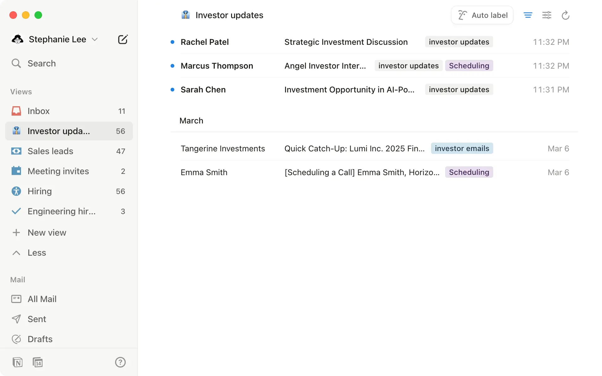 Set up Notion AI to automatically sort investor updates and emails into their own view.