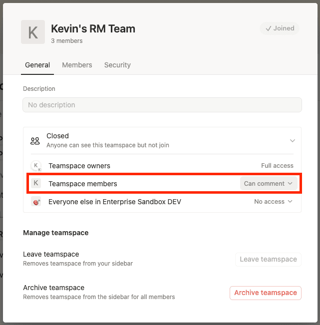 ca: cambiar el nivel de acceso de los miembros en un espacio de equipo
