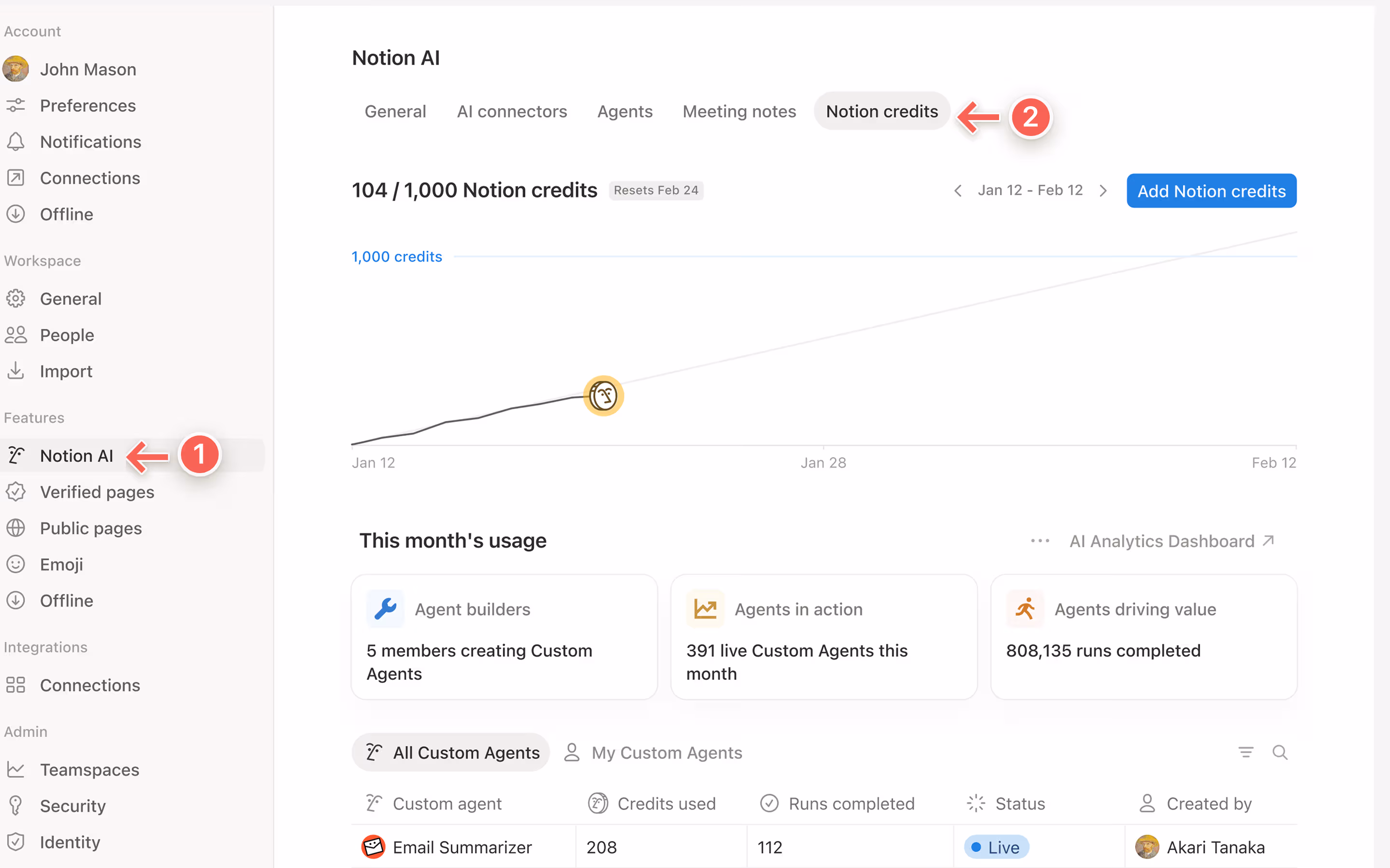 Para acceder al panel de control de créditos de Notion, ve a Configuración → IA de Notion → Créditos de Notion.