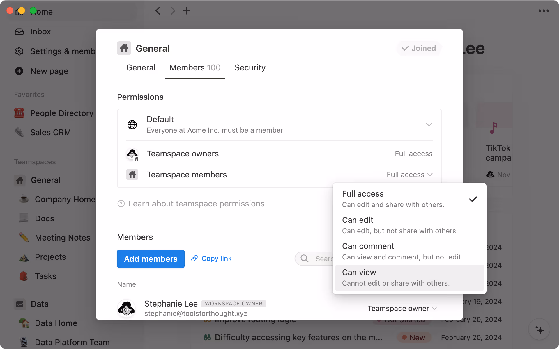 Controla de forma granular quién tiene acceso para ver y editar información dentro de la configuración del espacio de equipo.