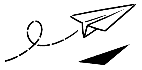 공중을 날아가는 종이비행기, 미니멀한 흑백 라인 드로잉.