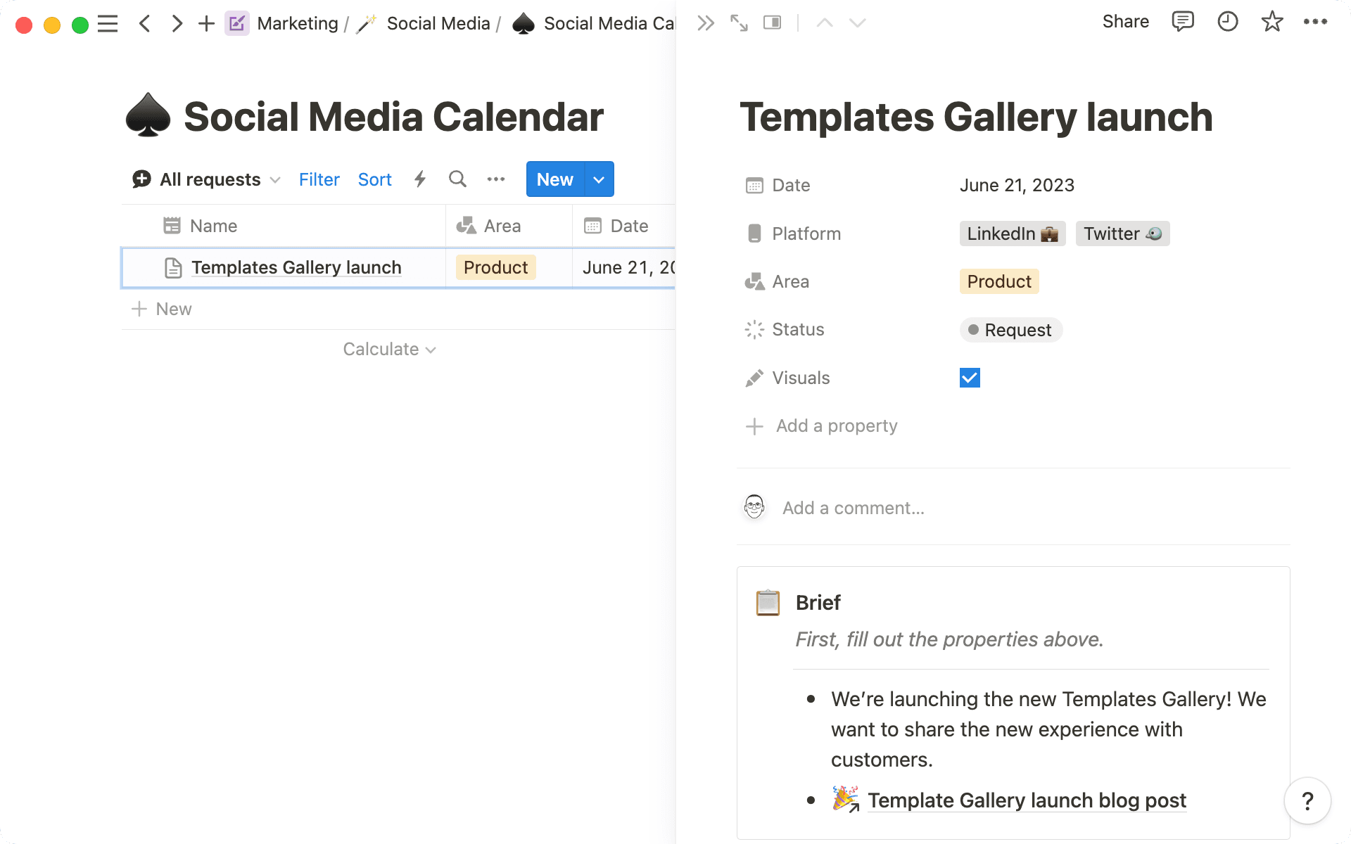 The Social Media request system, where teams add in details and links for any upcoming social posts.
