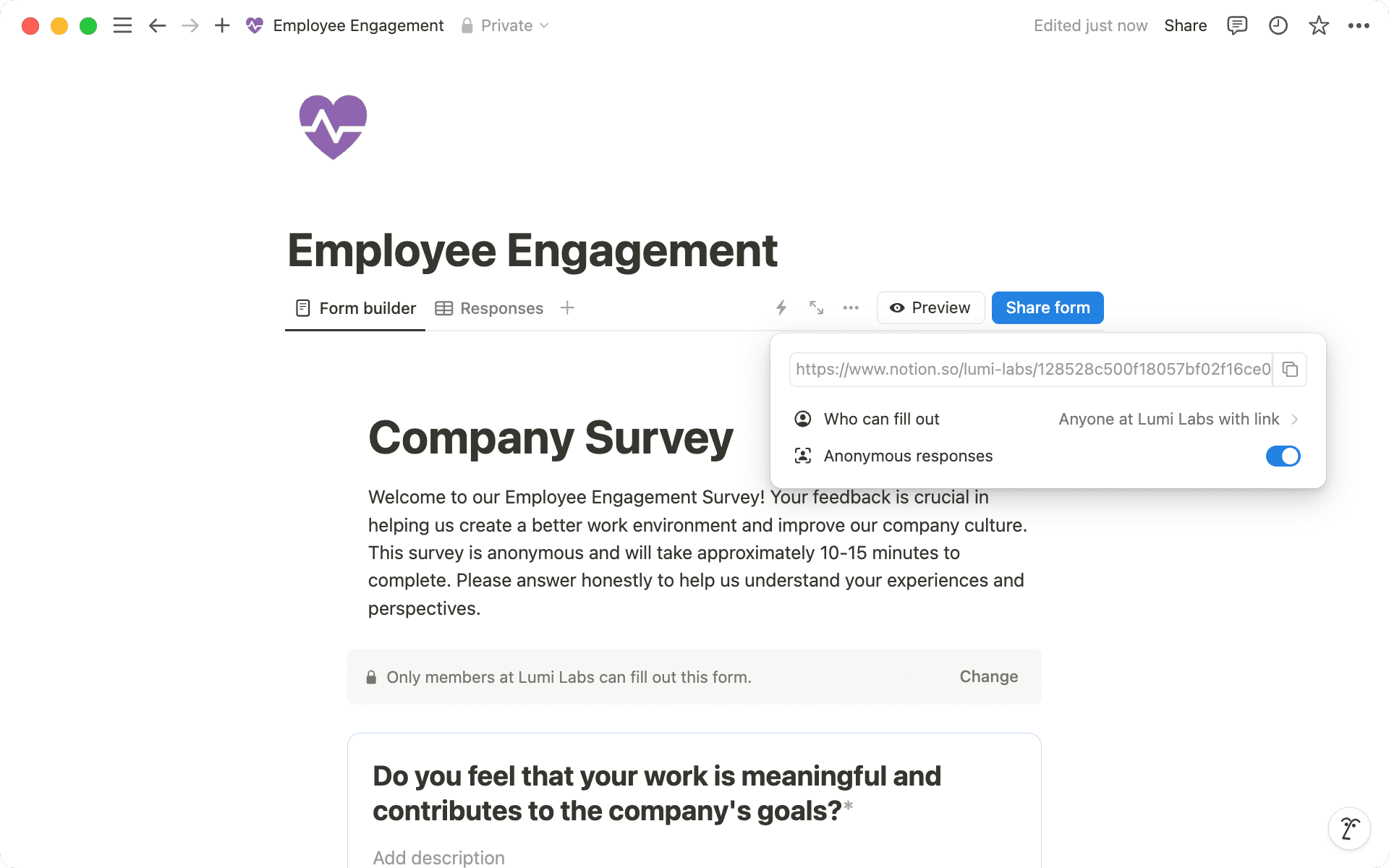 Activa "Respuestas anónimas" cuando selecciones "Compartir formulario"