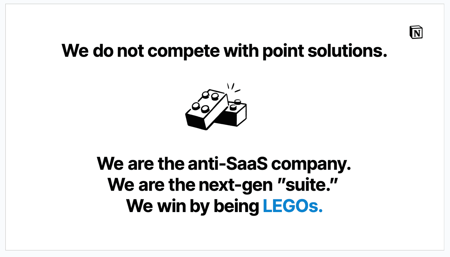 Image of a slide from a Notion presentation suggesting who our competitive set is and is not