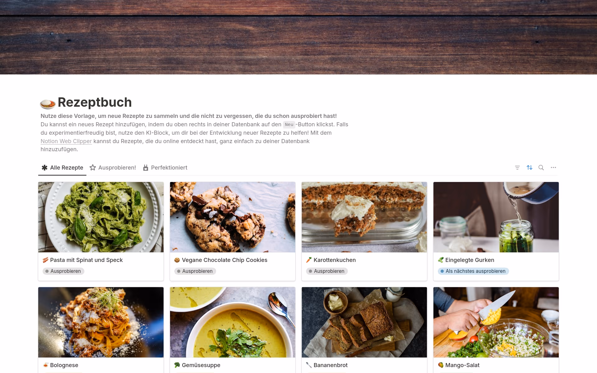 Screenshot der Deine Rezeptbox-Sammlung von Notion
